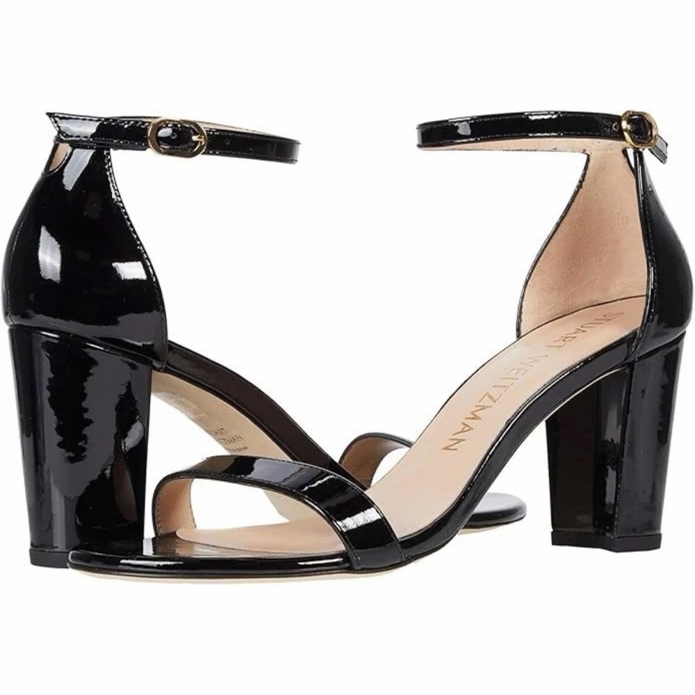 Stuart Weitzman Nearlynude Ankle Strap City Sandal Black Patent Leather Heel 7.5
